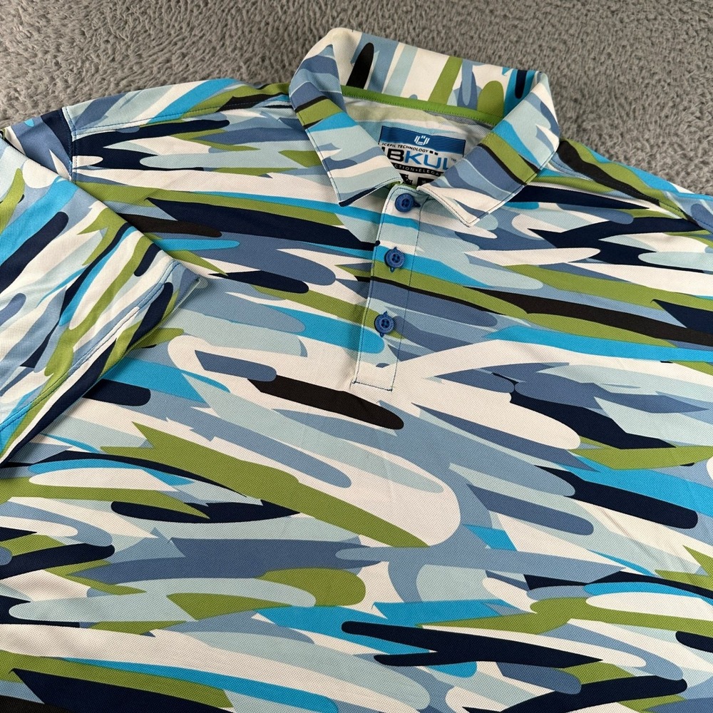 IBKUL Polo Shirt Mens XL Blue Green Abstract Camo Print Golf Performance